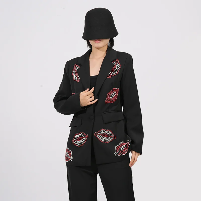 سترات سوداء فرنسية أنيقة للركاب صناعة ثقيلة نمط شفاه ماسية واحدة الصدر ضيقة متعددة الاستخدامات بدلة نسائية للخريف