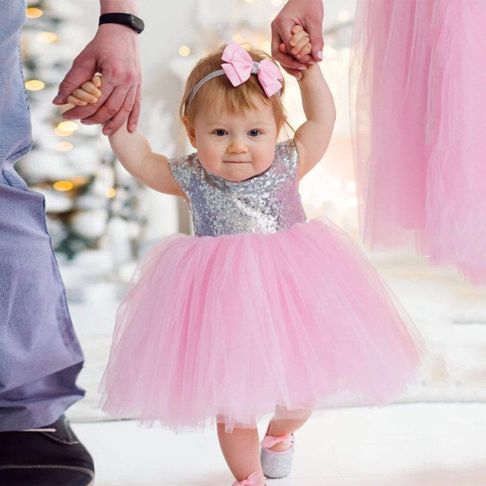 Yipeisha Baby Girl Birthday Party Dresses Cute Short Sleeves Tutu  Top Silver Sequin Puff Soft Tulle Flower  Dress