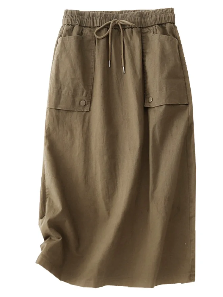 

Retro Workwear f-length Skirt Pure Cotton Straight-cut Midi Commuter-friendly Slimming Elastic Waist Spring Autumn