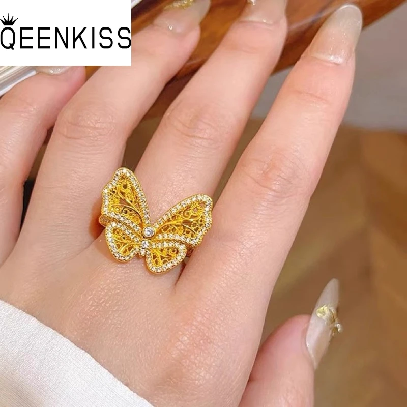 

QEENKISS Gold Shiny Luxury Butterfly Rings For Women Wedding Party Birthday Christmas Bride Mother Girlfriend Lady Gifts RG5247
