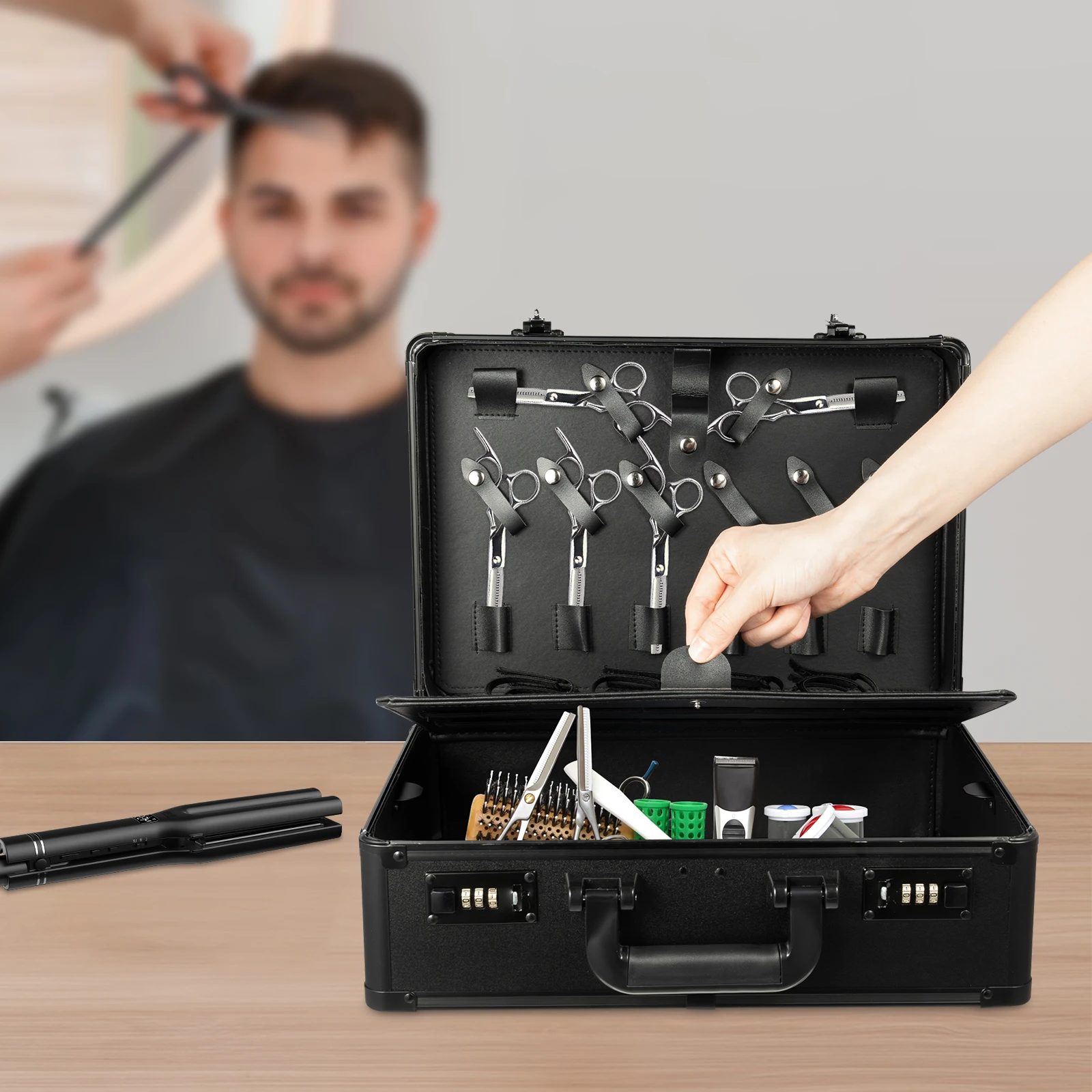 

Black, Portable Hairdressing Toolbox, Barber Beauty Salon Tool Kits Storage Case with Combination Lock, Tool Box for Hairdresser