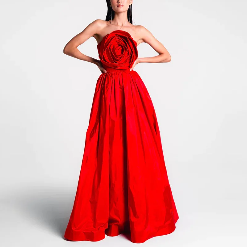 Large 3D Flower Strapless Long Women Party Gown Large Skirt Hem Backless Prom Dress Red High Waist Evening Dress New Arrival