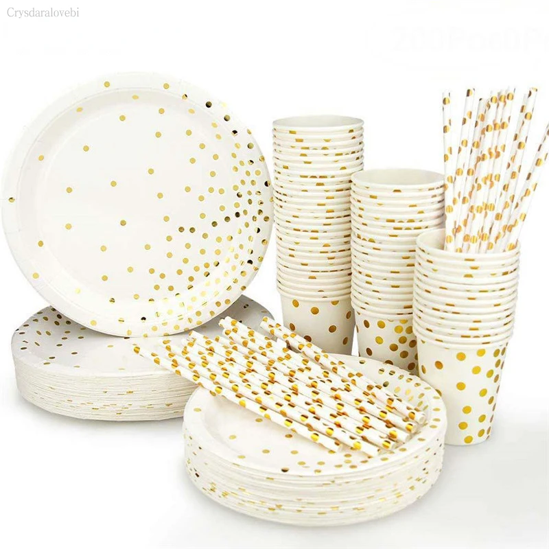 

200pcs Gold Dot Disposable Paper Plates Cups Set Gold Metallic Foil Dinner Plates Dessert Tray for Thanksgiving Christmas Party