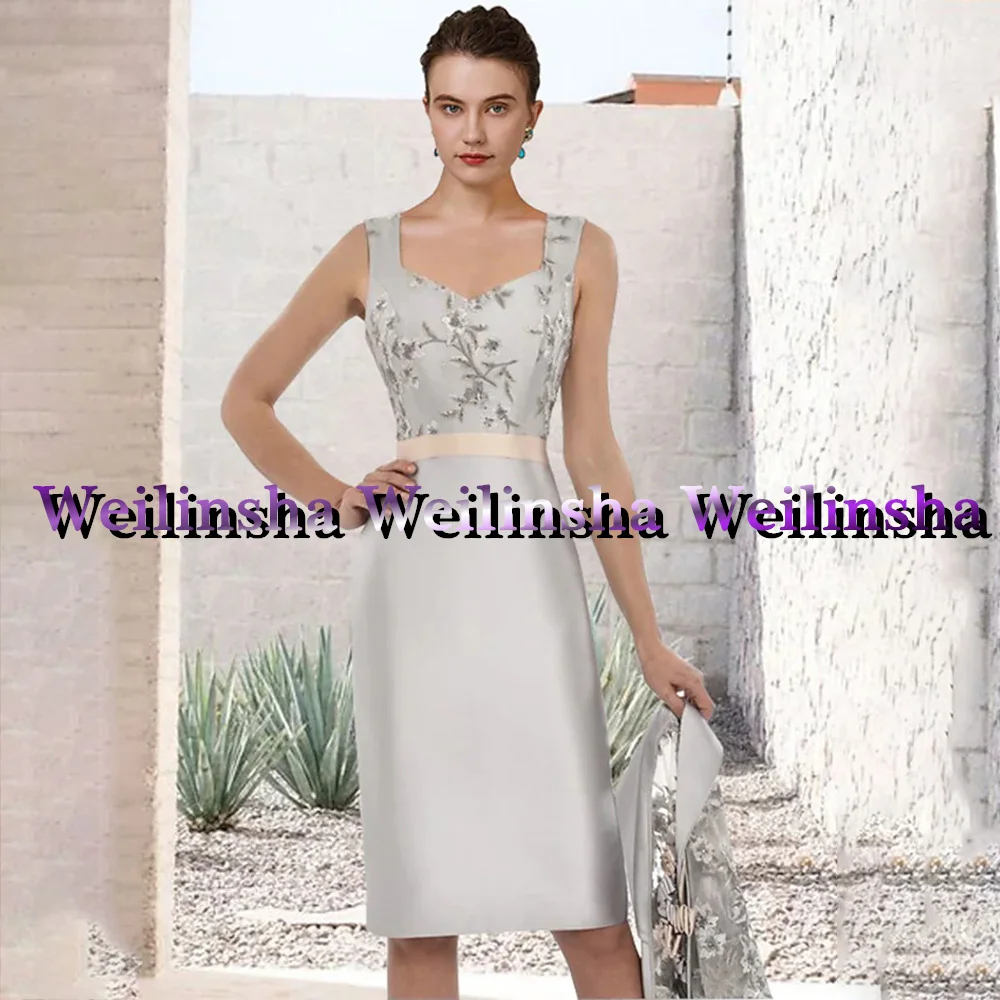 Weilinsha Two Piece Wedding Guest Gowns With Jacket Customized Lace Short Sleeves Knee Length Satin Mother Of The Bride Dress