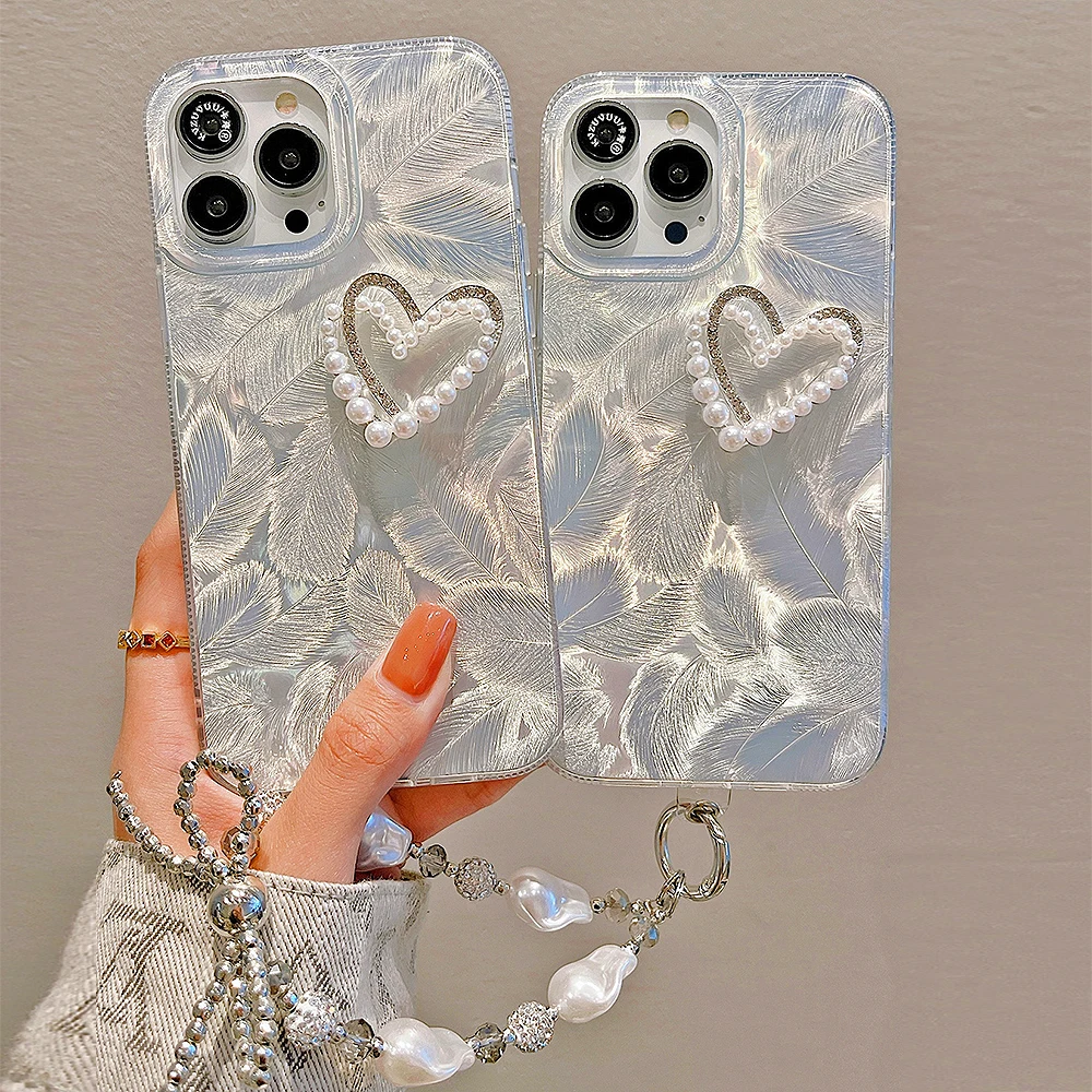 Rhinestone Love Heart 3D Pearl Bow Chain Feather Pattern Senior Phone Case For iPhone 15 14 13 11 12 Pro Max Protective Cover