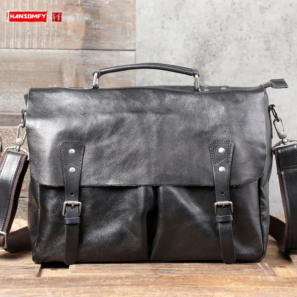 ClFirst-Bolso de mano de cuero de vaca para hombre, maletín para ordenador portátil, bandolera de hombro suave, gran capacidad, color negro