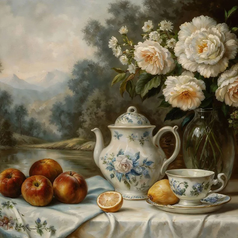 Póster de paisaje de primavera junto al río, casa rústica, jardín, olivo, naturaleza muerta, pintura en lienzo de Pascua, impresión decorativa para cocina, habitación, hogar