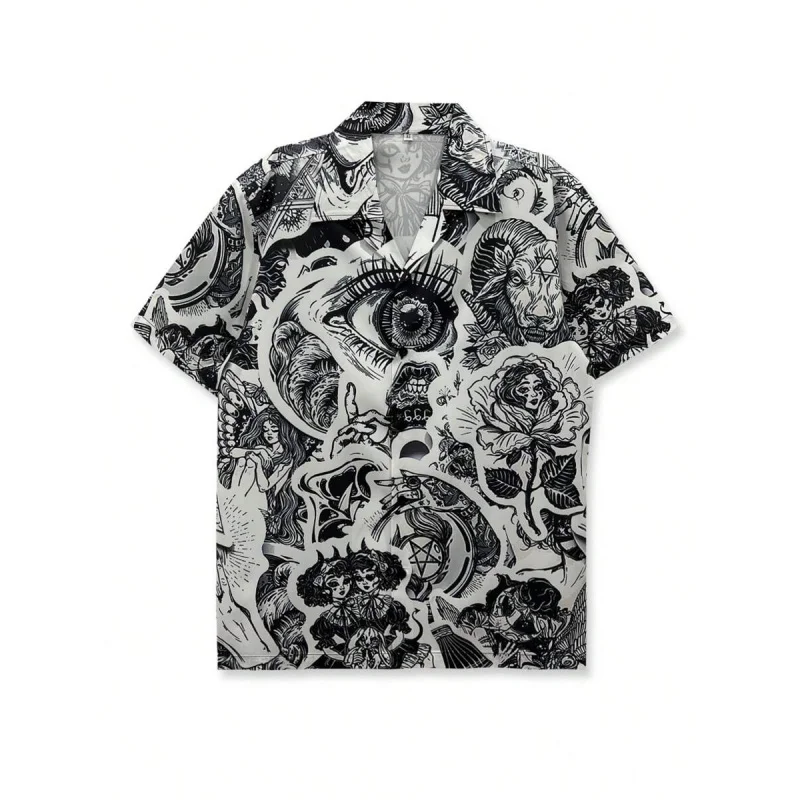 

Floral Men's Beach Shirt, Gender Neutral Vintage Graffiti Minimalist Black Casual Summer XS-XXL