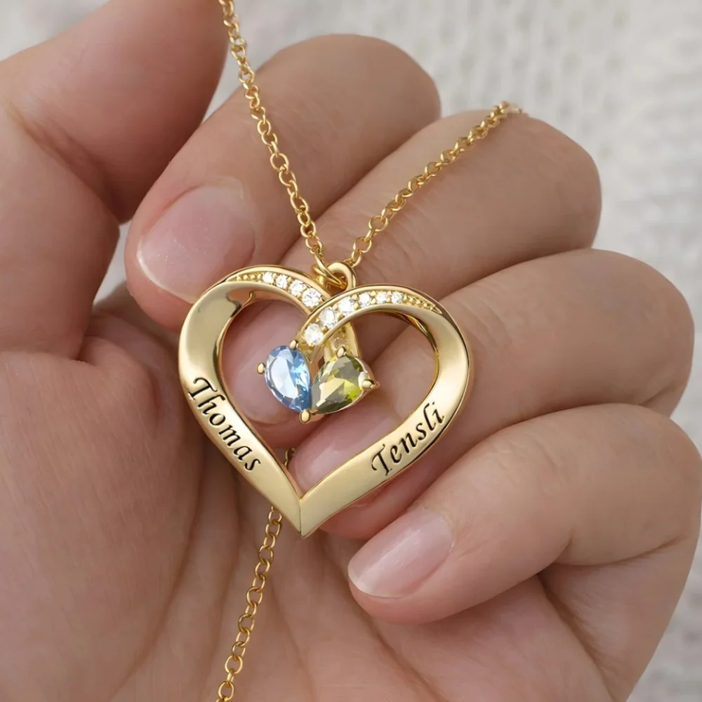 Colliers personnalisés avec double nom et pierre de naissance, colliers en forme de cœur avec deux plaques nominatives en zircon cubique, bijoux de couple en acier inoxydable