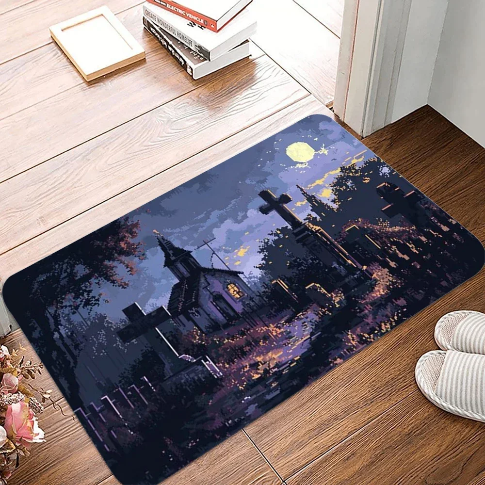 Halloween Scary Night Doormat Terrifying Pumpkin Cross Cemetery Entrance Doormat Bathroom Non Slip Carpet Halloween Gift