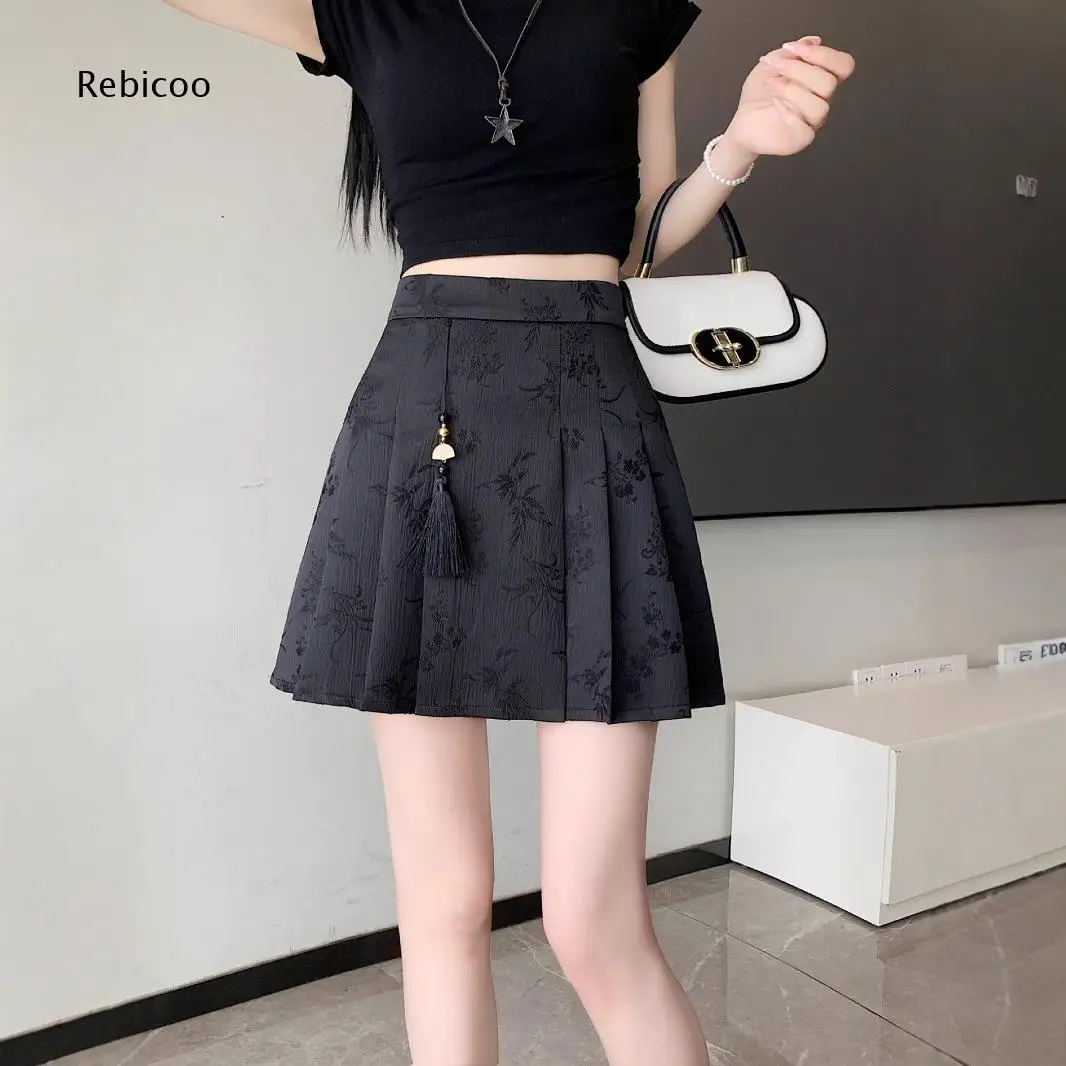 Women High Waist Jacquard Pleated Mini Skirt Retro Floral Pattern Tassel Pendant Decor A Line Short Skirt Casual Bottom Skirt