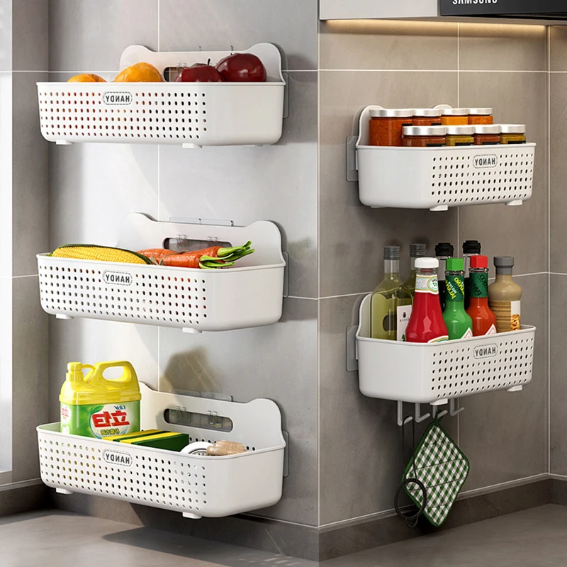 Hanging Storage Basket Wall-mounted Cabinet Push-pull Box No Punching For Seasoning Multifunctional Kitchen Drawer Shelf Rack