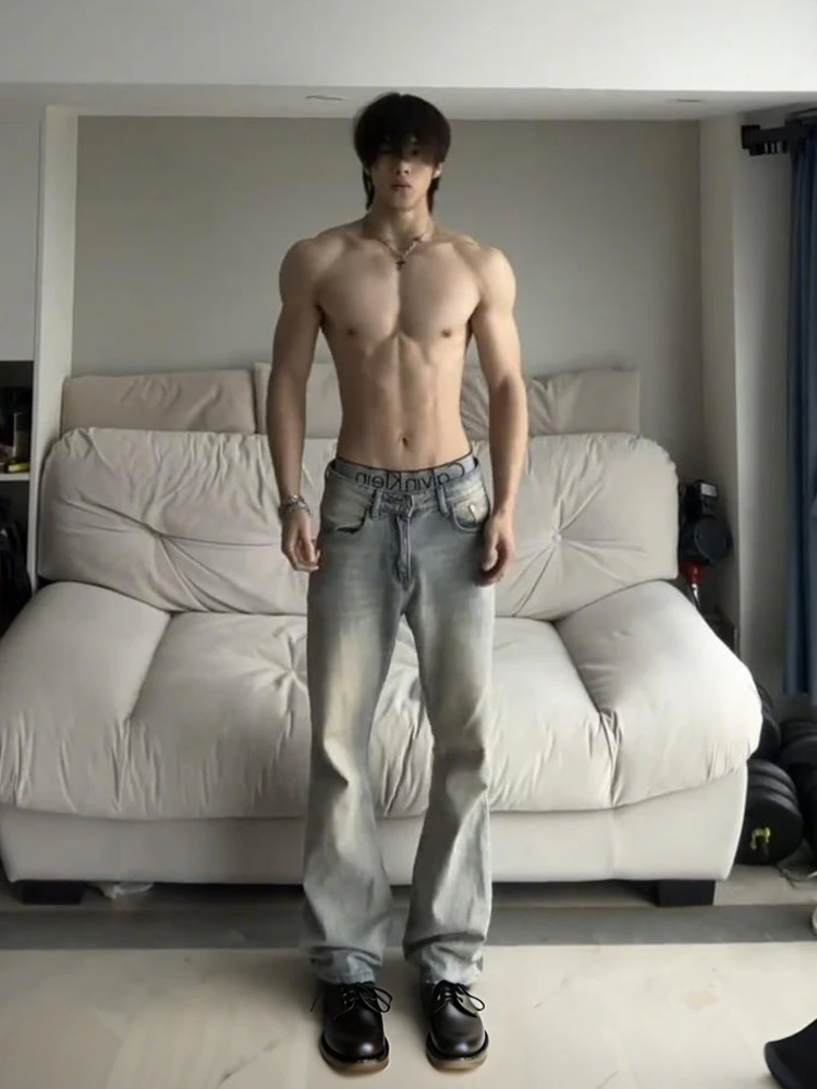 

Мужские джинсы прямого кроя из выстиранной винтажной желтой глиняной ткани CleanFit, рабочие брюки в американском уличном стиле, расклешенные брюки с высокой посадкой