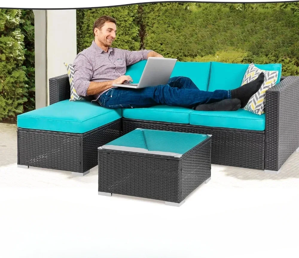 l  l Outdoor Wicker Patio Sofa Set, Black All-Weather Rattan Small Sectional Patio Set And Chaise Lounge W/ Glass Coffee Table
