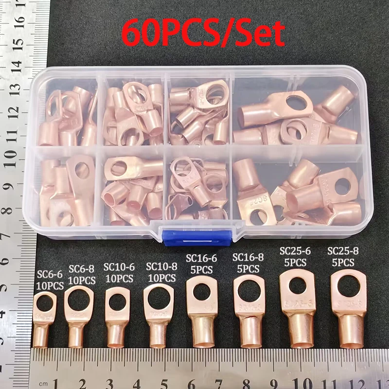 60PCS/Set Wire Lug Connector Ring SC6-25 Copper Connectors Bare Cable Electric Crimp Terminal Connector Kit