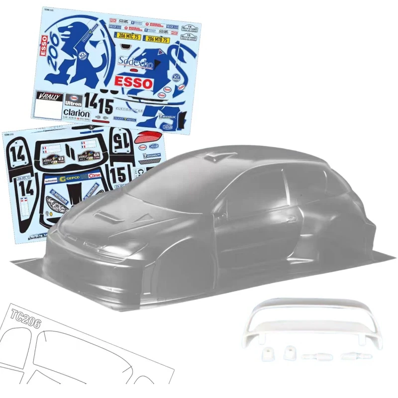 

Scale 1/10 Peugeott 206 Clear Lexan Body shell W/3D Rear spoiler and Mirrors for Rc rally car 237mm Chassis