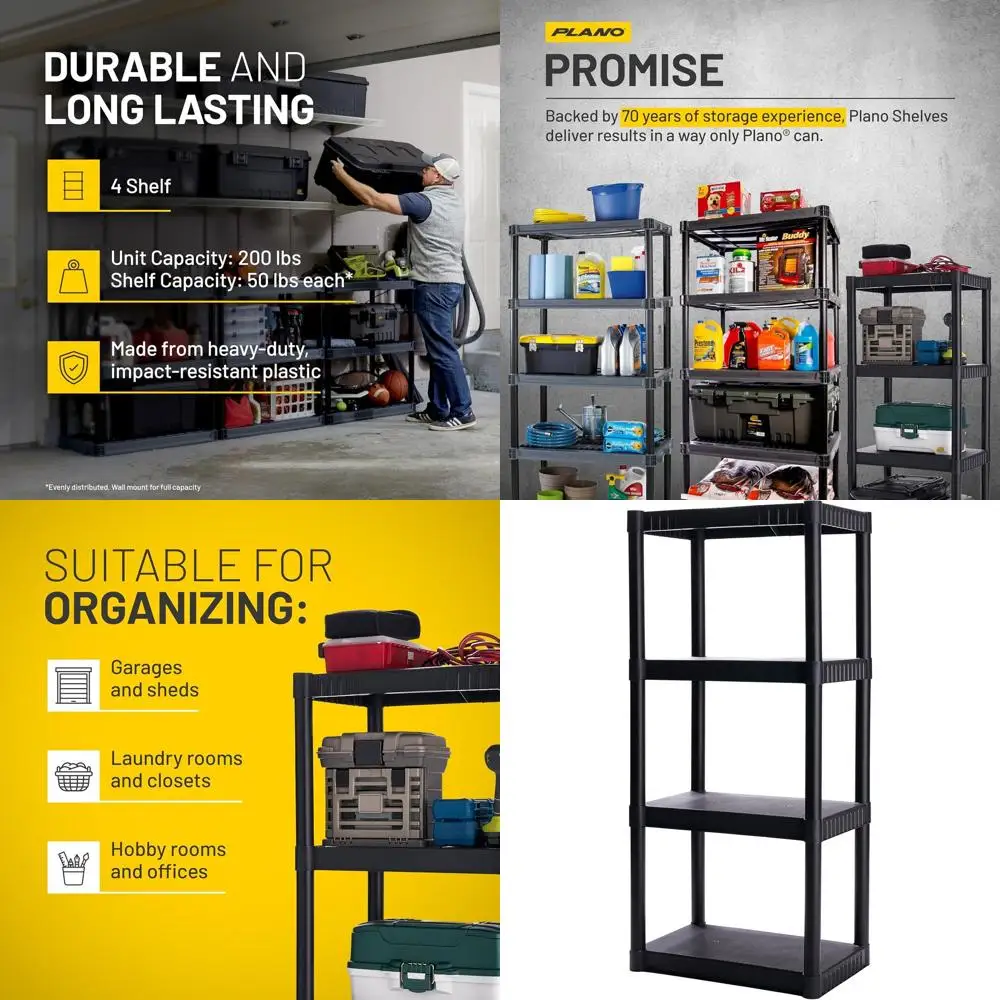 

4-Shelf Plastic Storage Rack, 48x23x14 Inches, 200lb Capacity, Versatile for Pantry, Office, Closet, Garage, Easy Assembly, Dura