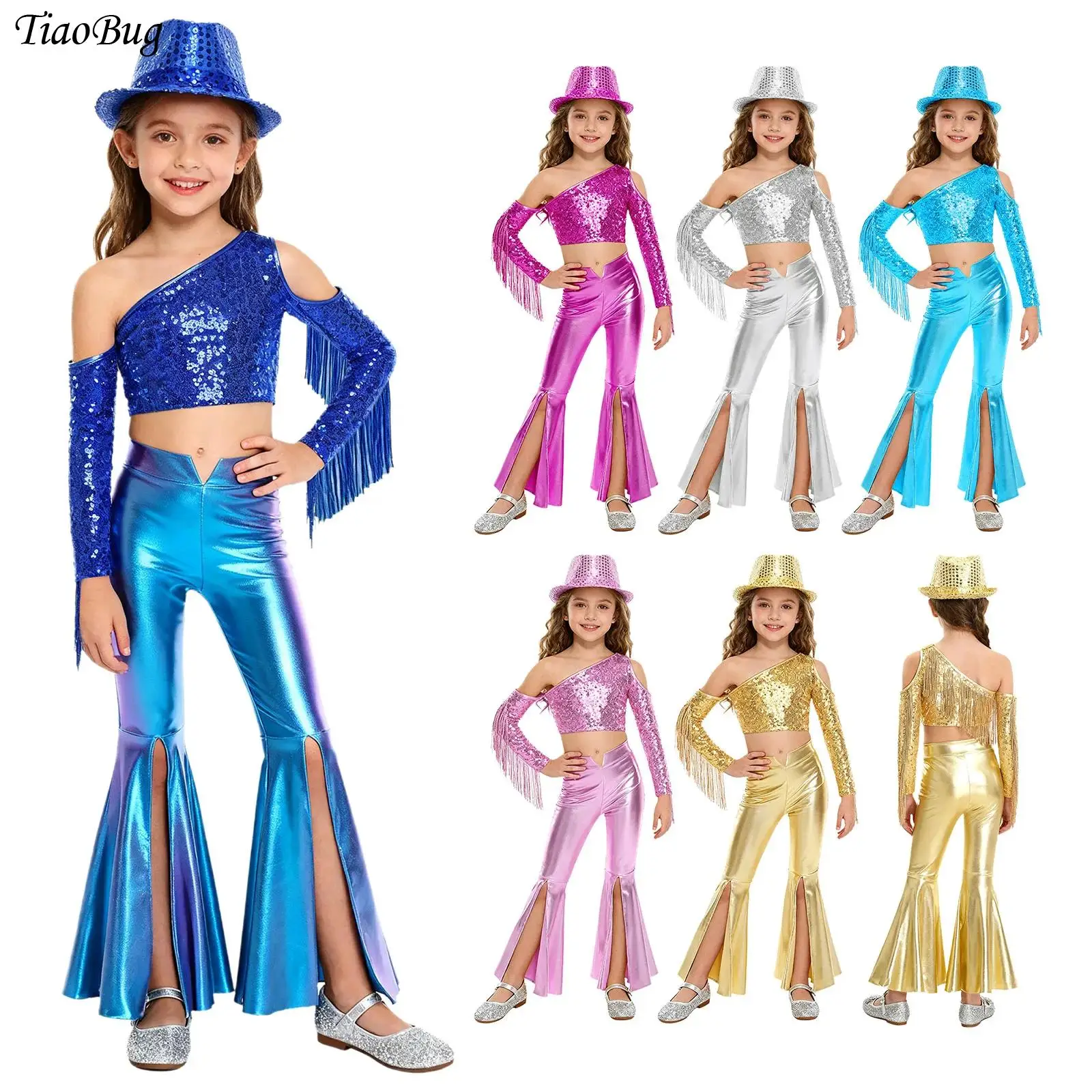 

Kid Girls Metallic 70S Disco Hippie Costume Jazz Dance Pageant Set One Shoulder Sequin Crop Top And Split Bell-Bottom Pants +Hat