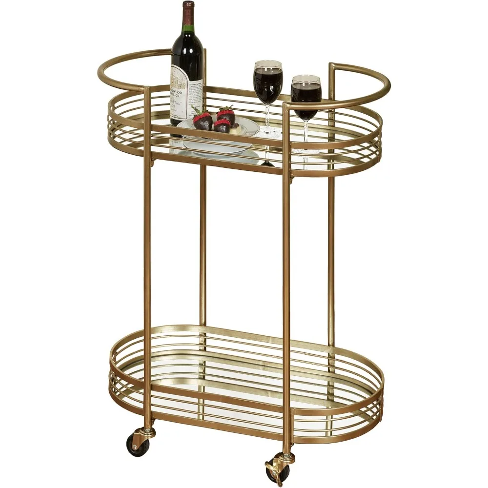 

Stylish Contemporary Delta Mirrored Rolling Serving Cart Locking Casters Gold