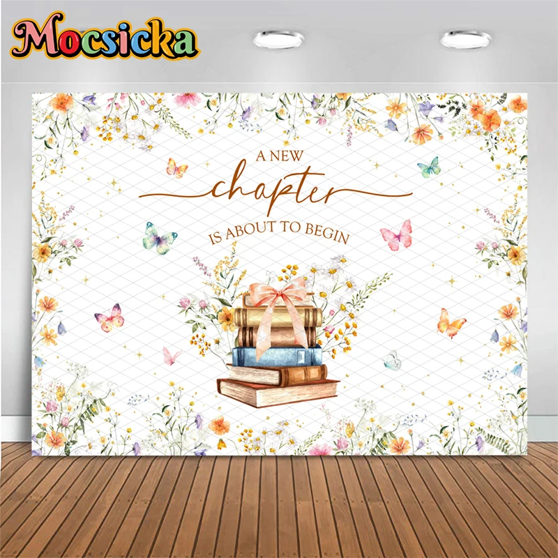 

Mocsicka New Chapter Backdrop Watercolor Wildflower Book Background Decorations Graduation Bridal Baby Shower Photoshoot Banner