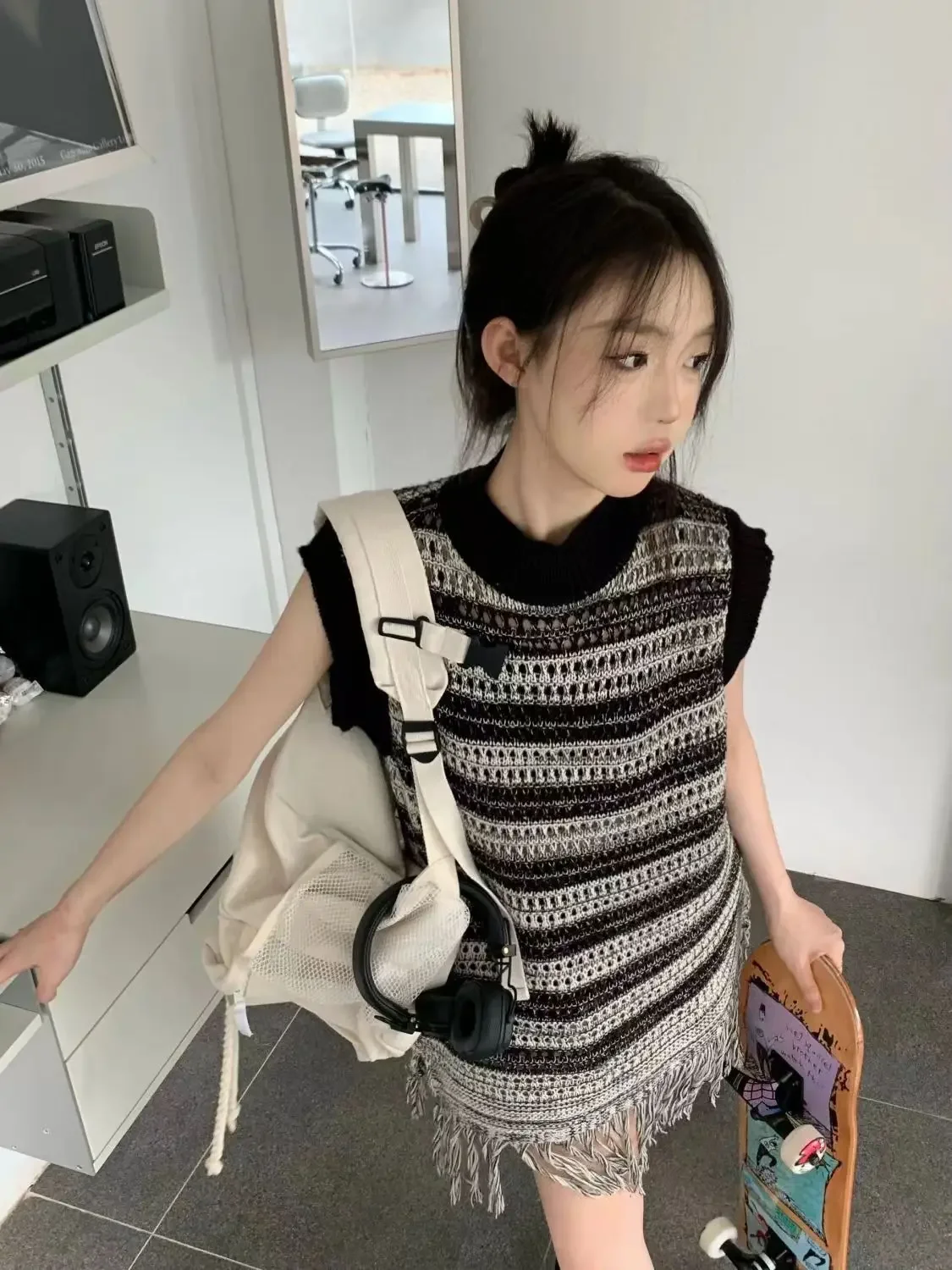 Fashion Mujer Casual Loose Long Vests New Summer Sleeveless Knitted Vest O Neck Striped Hollow Out Tassel Vintage PTKPCC