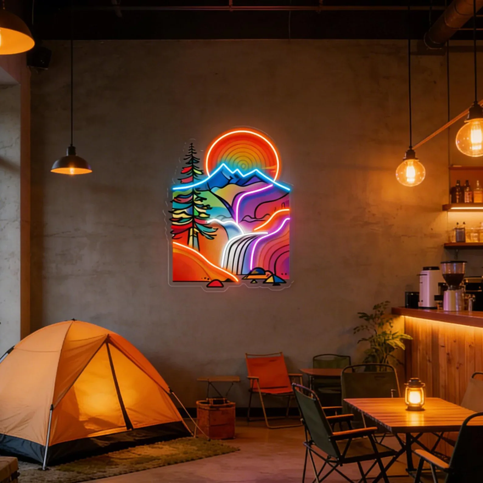 Retro Mountain Waterfall Neon Sign, Psychedelic Sunset LED Wall Decor for Cabin, Bedroom and Living Room