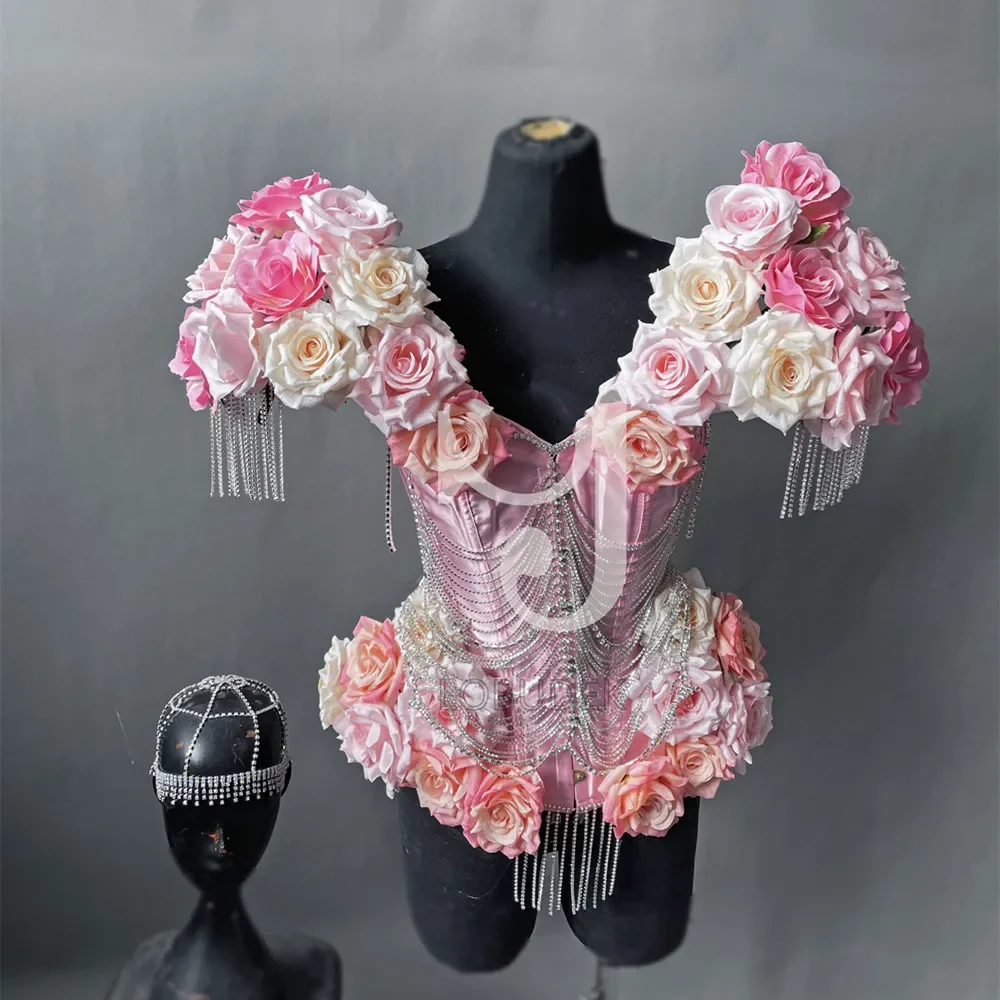 Pink Flower Rhinestones Tassel Chains Bodysuit Sexy Stage Wear Bar Concert Star Singer Festival Performance Drag Queen Costume