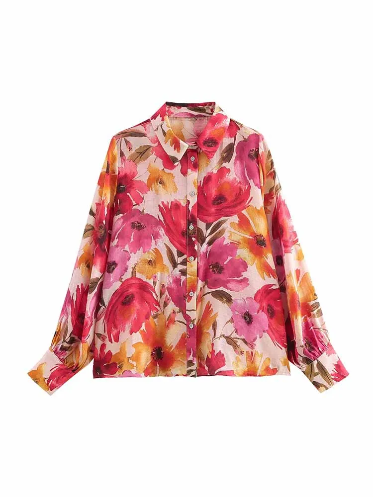 2024 Autumn and Winter New Arrivals Women\'s Sweet Flower Print Elegant Long Sleeve Lapel Single Breasted Shirt