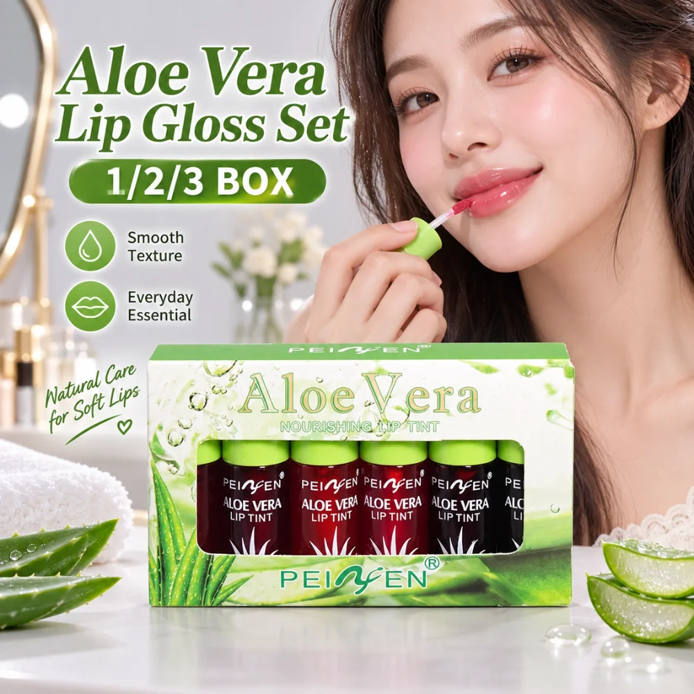 6Pcs Aloe Vera Lip Gloss Set 99% Aloe Extract Moisturizing Long Lasting Liquid Lipstick Hydrating Lip Tint Makeup