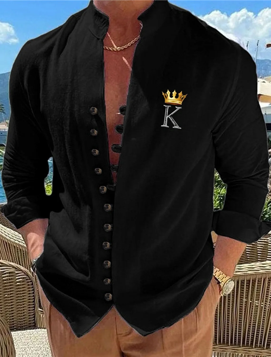 قميص رجالي بنمط هندسي بأزرار كينج وأكمام طويلة، ملابس شارع عصرية للخريف والترفيه في الهواء الطلق، قميص بياقة واقفة