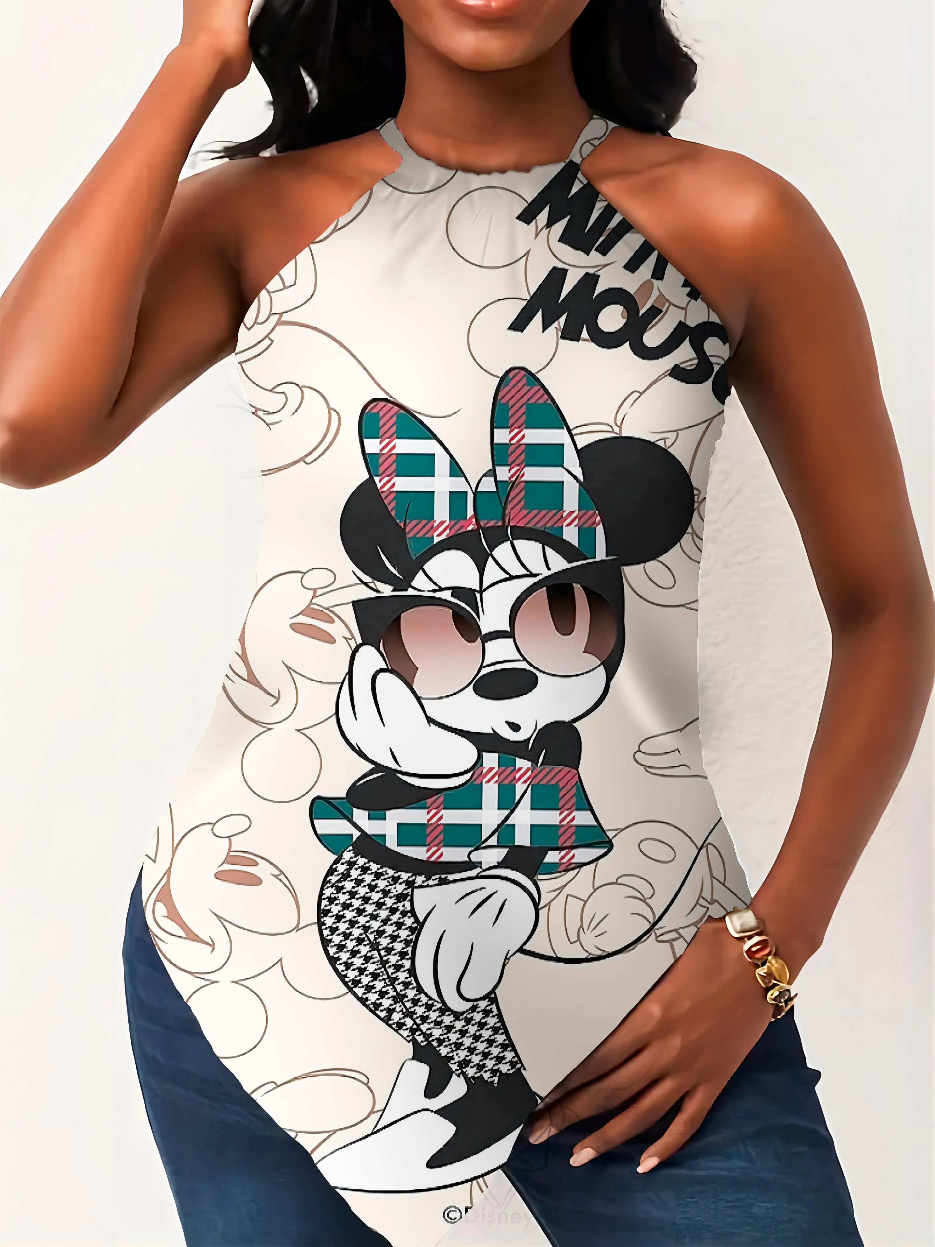 Sleeveless T-shirt Halter Summer Short Sleeve Disney Mickey Minnie Mouse Y2k Crew Neck Top Women's Sumer Clothes Hanky Hem Top