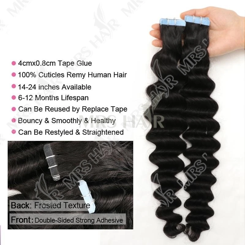 Nastro a onde profonde nelle estensioni dei capelli umani Nastro riccio profondo nelle estensioni dei capelli Trama della pelle delle ragazze nere Estensioni dei capelli naturali Remy
