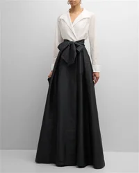 2024 New Long Sleeve A-Line Gala Formal Dress V-Neck Black & White Contrasting Elegant Bow Belt Split Design Floor-Length Length