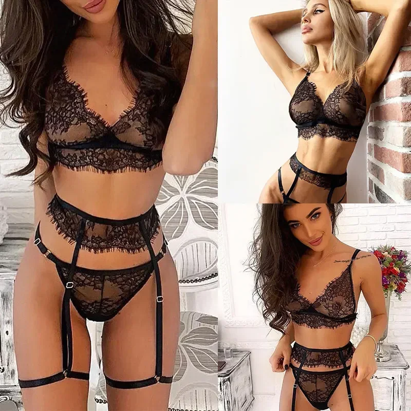 Lingerie renda seksi transparan renda panas, pakaian dalam erotis Set Bra dan Garter panas, baju tidur erotis menarik