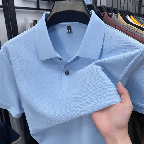 Imagen 2 del producto Polo de manga corta de algodón puro 100% de gama alta para hombre, camiseta sencilla informal transpirable de verano con solapa de negocios a la moda coreana