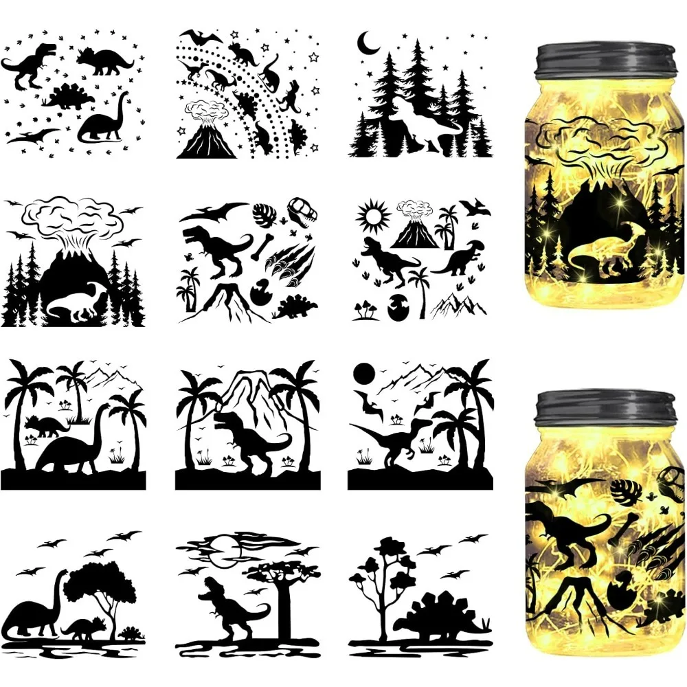 Dinosaur Silhouette Jar Cutouts Window Cutout Paper Forest Volcano Plastic Silhouette Wall Lamp Clings Decals Glass Decorations