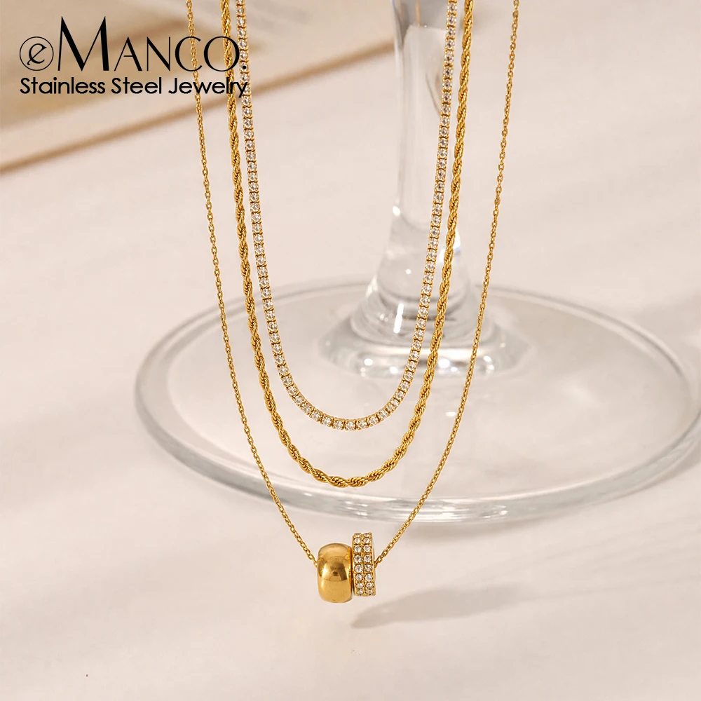 EMANCO Stainless Steel Multi Layer Geometric Cylinder Zircon Jewelry Set Necklace Bracelet Ring Stacking Wholesale Dropshipping