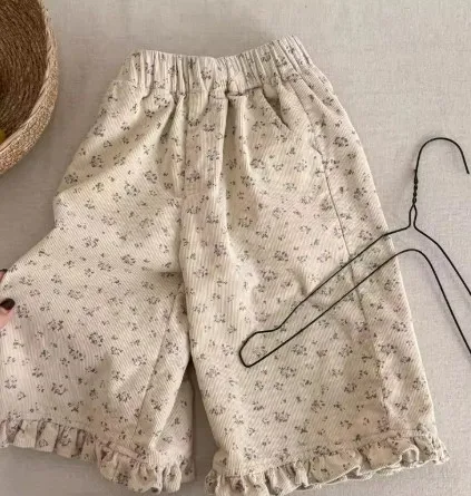 

UNITIM 2026 New Spring Baby Girls Wide Leg Pants Floral Printed Korean Style Corduroy Ruffles Toddlers Kids Casual Trousers
