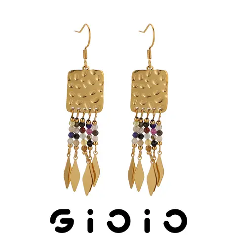 GIOIO Bohemian Ethnic Style Natural Stone Crystal Bead Long Fringe Earrings For Women's Fashion Beach Resort Jewelry Accessories