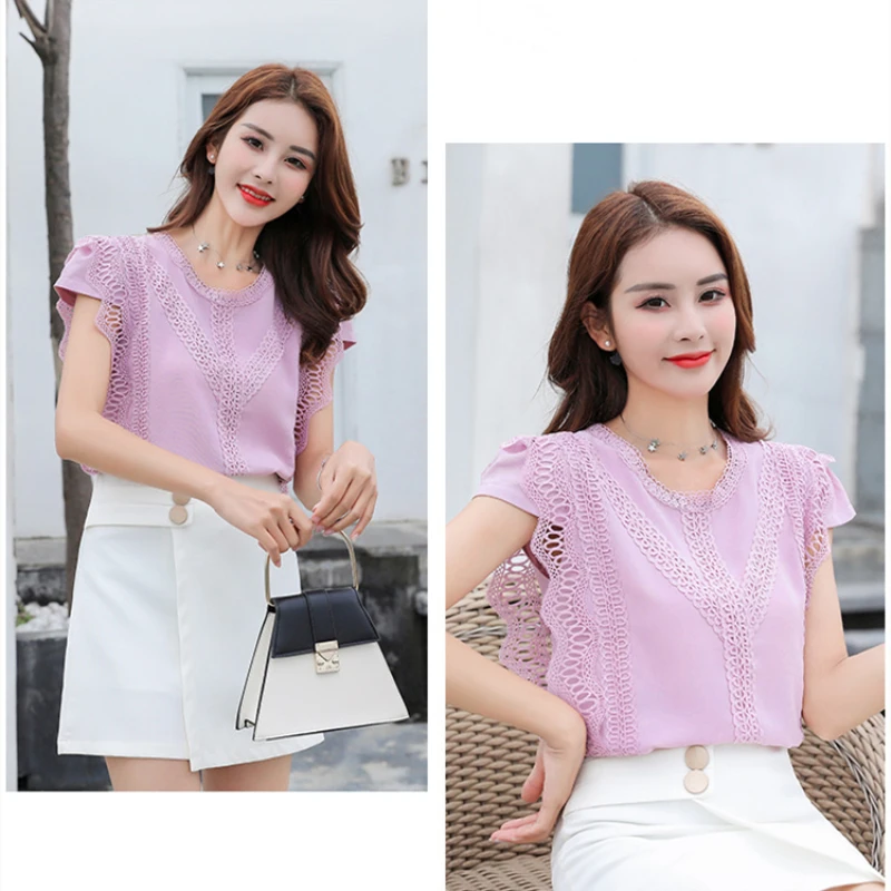 Korean New Fashion Clothing Loose Solid Shirt Women Blouse Summer Womens Tops And Blouses Lace Patchwork Blusas Mujer 4835