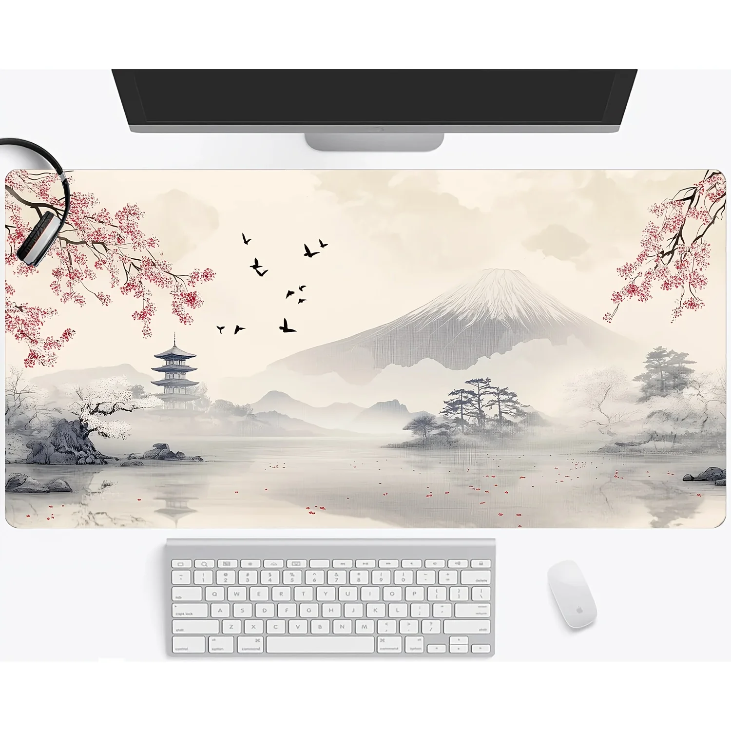 Japanese Mount Fuji Large Mouse Pad,Cherry Blossom and Pavilion Design,Ultra-Smooth Keyboard Mat, Stitched Edges, XXL Gaming Mat