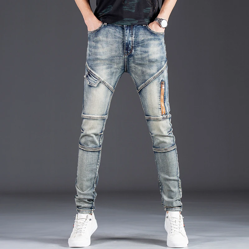 

Vintage Men's Jeans Spring New Zipper Patchwork Slim Elastic Y2K Pants Hip Hop Streetwear Rock Motorcycle Denim Trousers