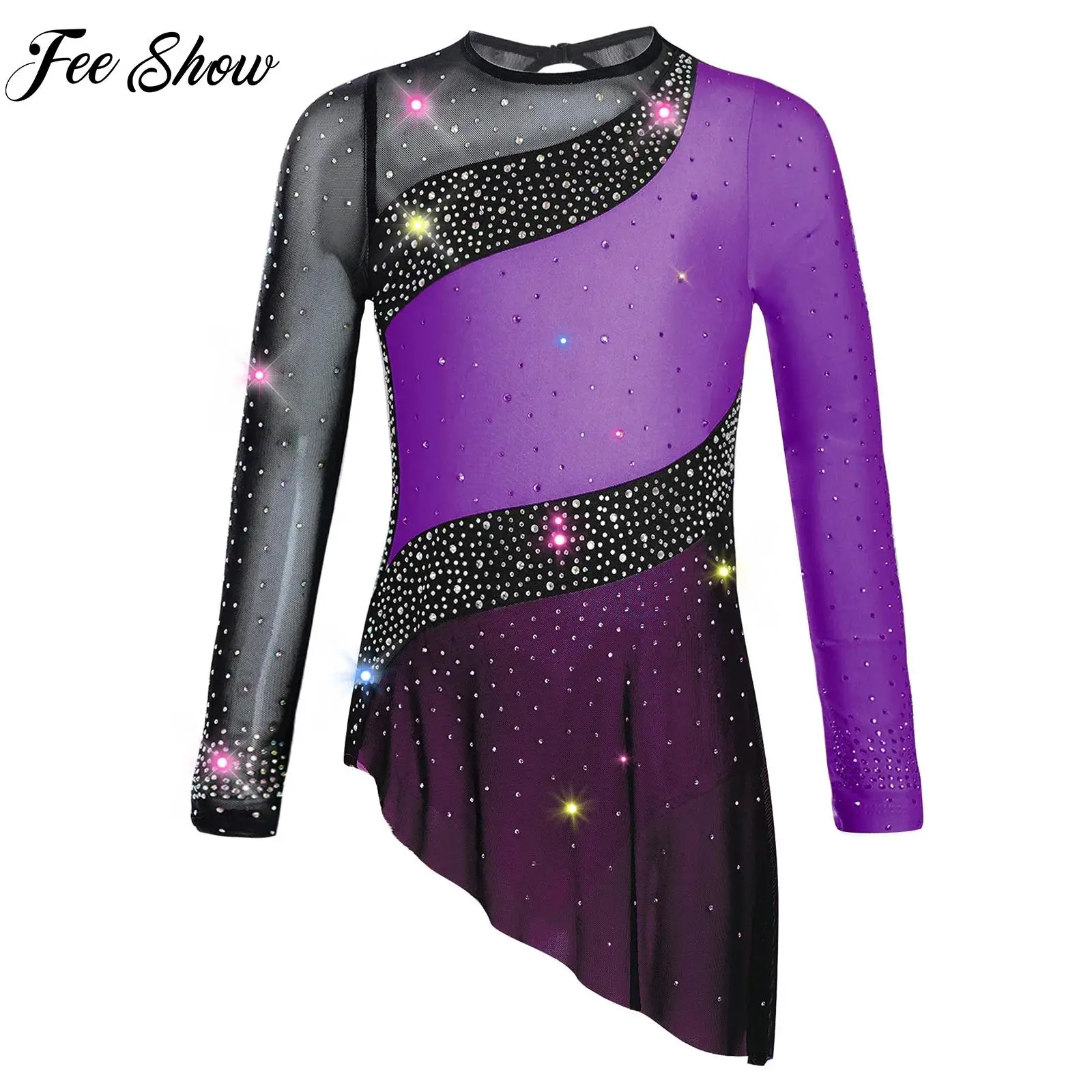 Fonkelende Steentjes Ritmische Gymnastiek Kostuum voor Kinderen Meisjes Lange Mouw Sheer Mesh Turnpakje Jurk Ballet Schaatsen Dancewear