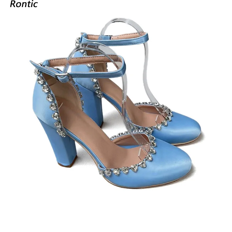 Rontic Handmade Women Ankle Strap Sandals Rhinestone Square High Heels Round Toe Pretty Light Blue Party Shoes US Size 5-20