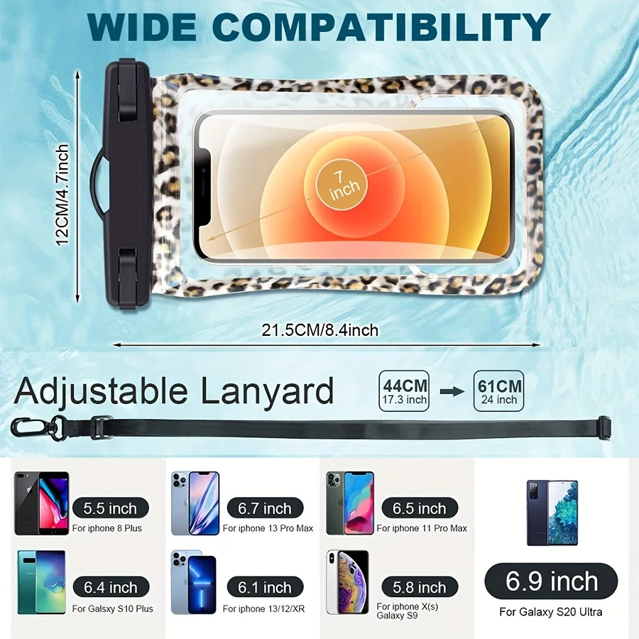 2-Pack Floating Waterproof Phone Pouch Cellphone Dry Bag With Lanyard For  14/13/12 Pro Max For   S23/S22 Up To 7.0 Inch Leopard