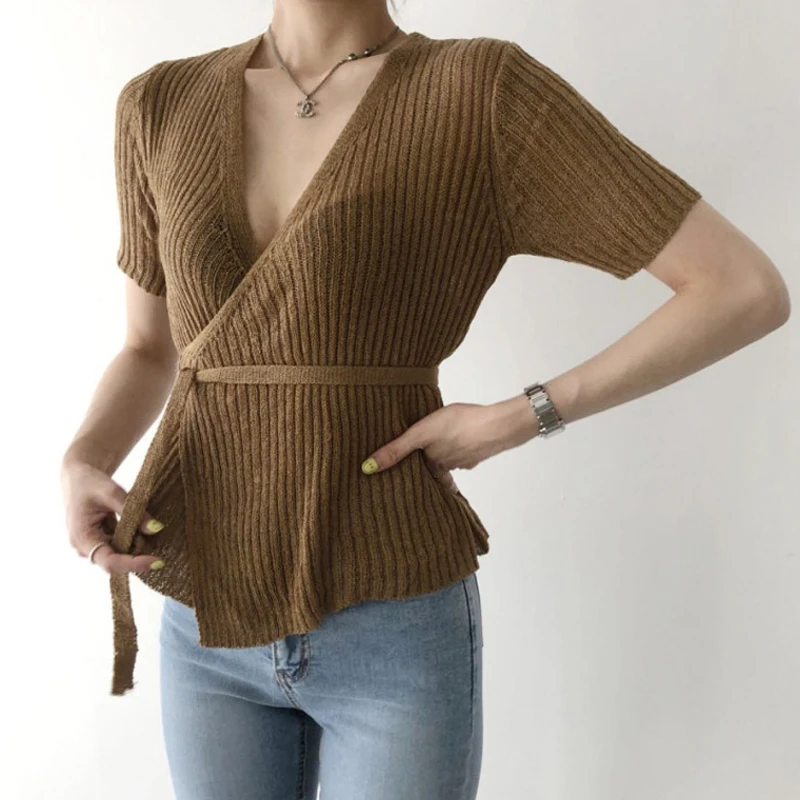 

2023 Summer Knitwear Blouse Women Cross V-Neck Shirts with Sashes Ice Silk Sexy Short Sleeve Mujer Casual Slim Ladies Tops 26376