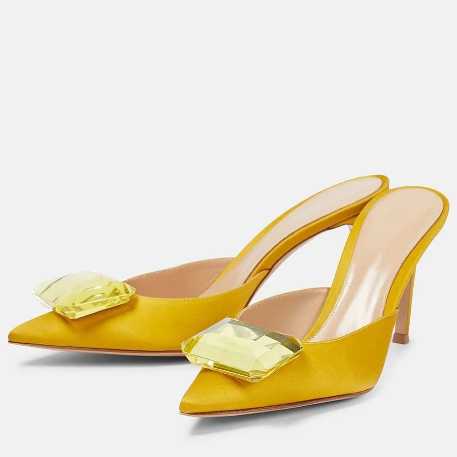 Women's Yellow Suede Mule Pumps Oversized Crystal Embellishment Stiletto Heel Bold Glam Style for Cocktail Parties Fashion Event