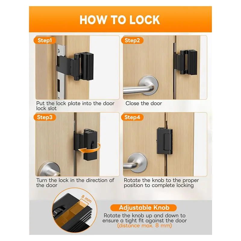 HLZS-For Travelers Portable Door Lock Security Reinforcement Lock,Extra Latch Stopper For Hotel, Home Apartment