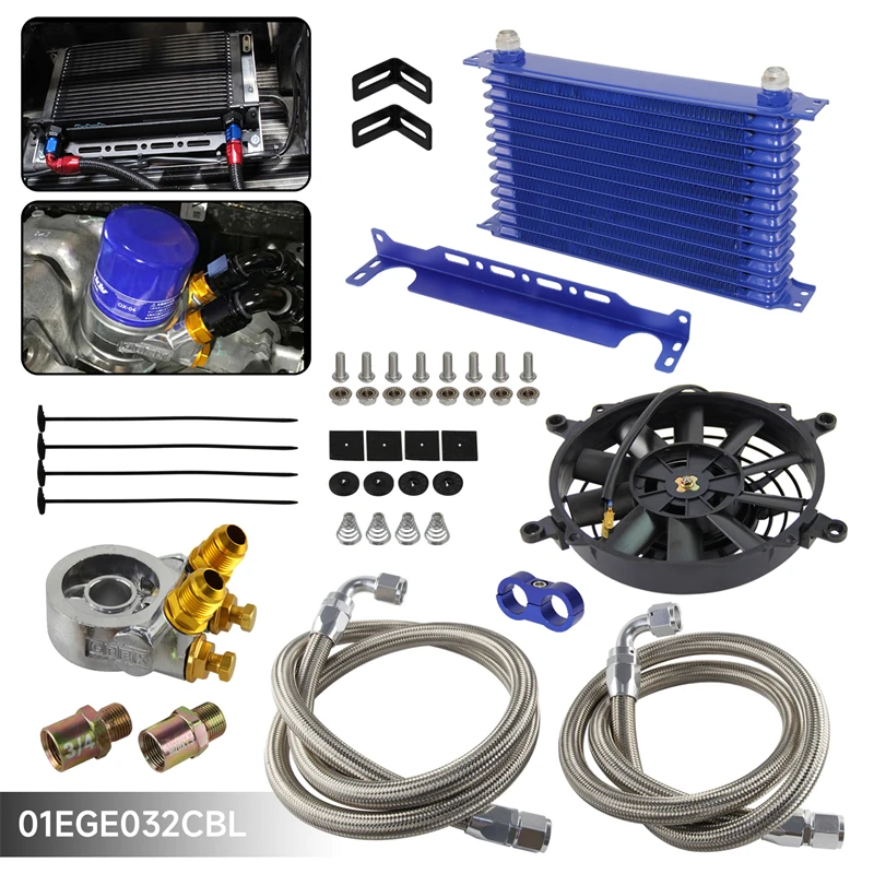 13 Row Oil Cooler Kit w/Thermostat Oil Filter Adapter Kit+7