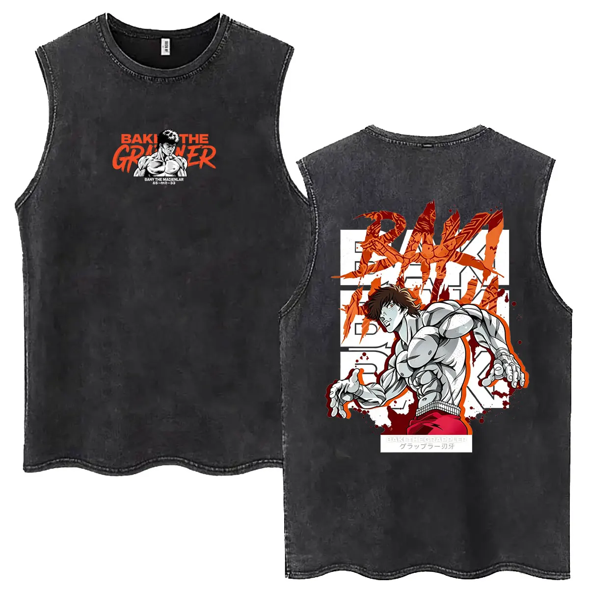 Anime Baki The Grappler Baki Hanma Vintage Washed Tank Tops Men's Manga Harajuku Sleeveless Vest T Shirt Gym Oversized T-shirts